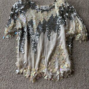 Vintage Swee Lo 100% Silk Sequin Top S | Silver Gold Iridescent Party Blouse